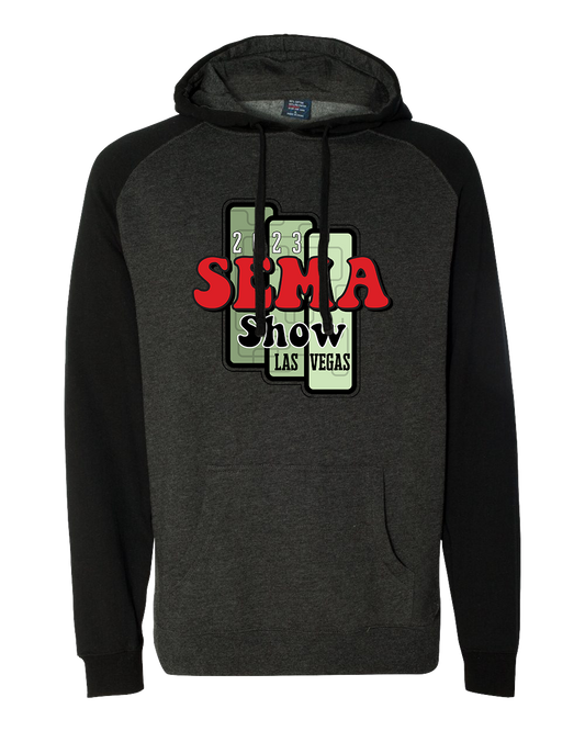 2023 SEMA Show Retro - Black/Charcoal Raglan - Adult Unisex Pullover Hoodie