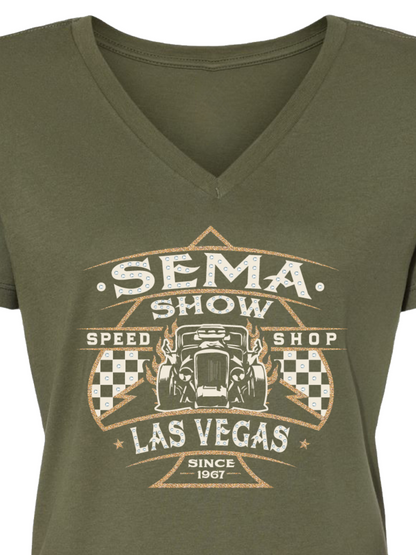 Speed Shop - SEMA Show - Green - Las Vegas Ladies V-Neck Tee