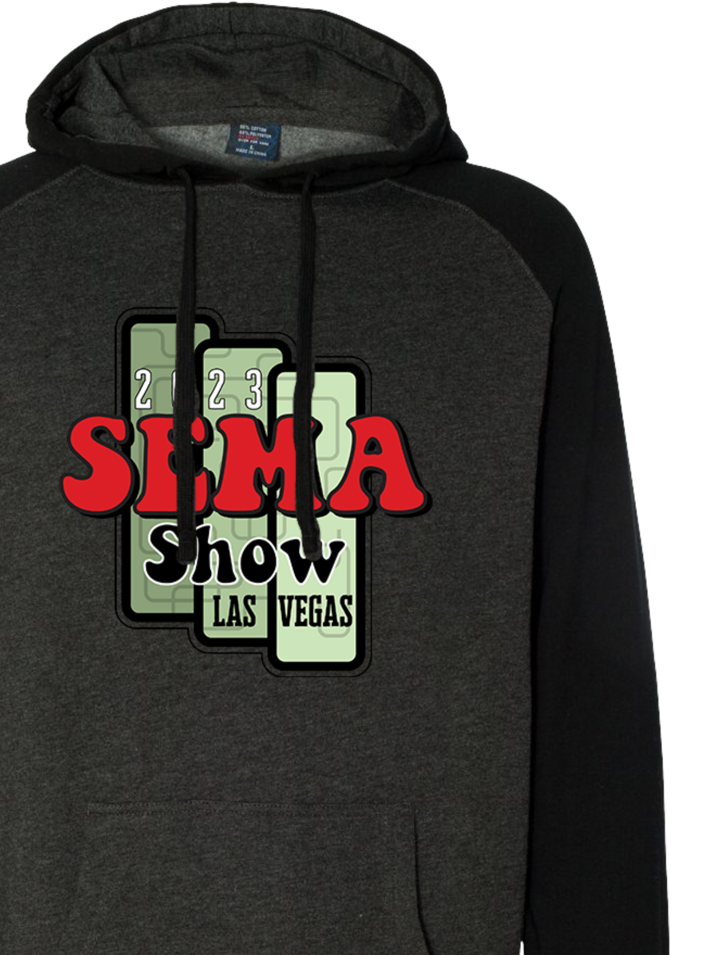 2023 SEMA Show Retro - Black/Charcoal Raglan - Adult Unisex Pullover Hoodie